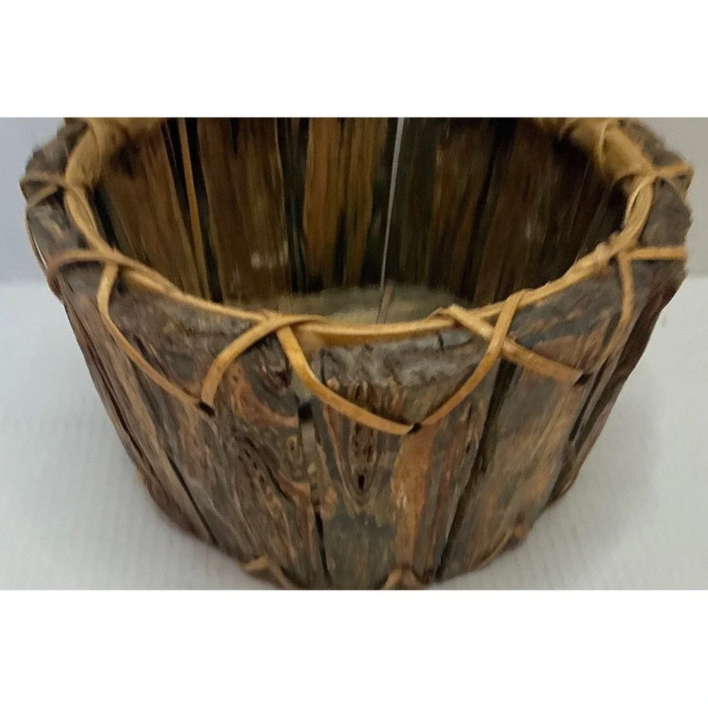 Vintage Bark Wood Basket Rustic Round Planter Brown Cabin Decor 8.5in